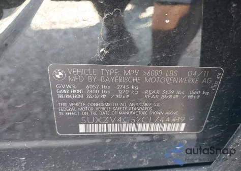 2012 BMW X5 xDrive35I/xDrive35I Premium/xDrive35I Sport Activity z USA, uszkodzony, nr VIN 5UXZV4C52CL744319